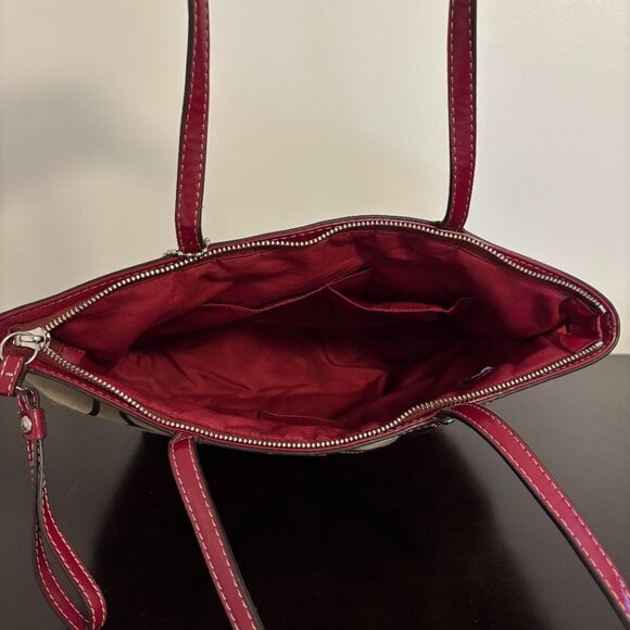 Coach Signature Khaki Red Stripe Red Patent Leather Medium Tote - Picture 9 of 11